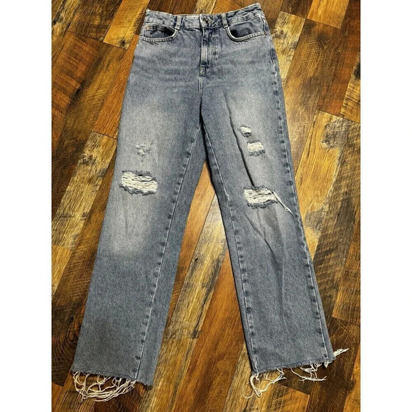 Zara High-Rise Ripped Knee Raw Hem Wide Leg Jean Lt Wash Size 4 - Picture 1 of 9